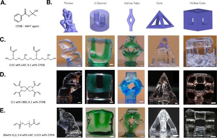 Five test geometries printed with RAFT-mediated resins in three polymer systems
