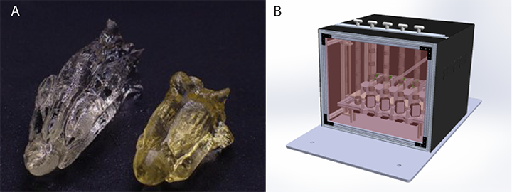 A: Comparison of an object (Space Shuttle model) printed in a very low-viscosity precursor at 1 g on Earth (left) and in microgravity on a parabolic flight (rig